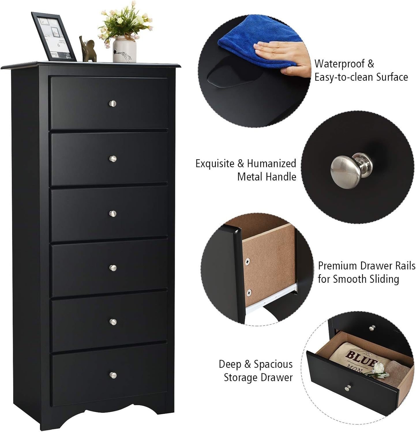 6-Drawer Tall Wooden Dresser Cabinet for Bedroom, Hallway & Living Room