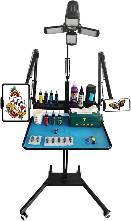 Professional Tattoo Workstation Rolling Tray LED Light Storage Adjustable Stand