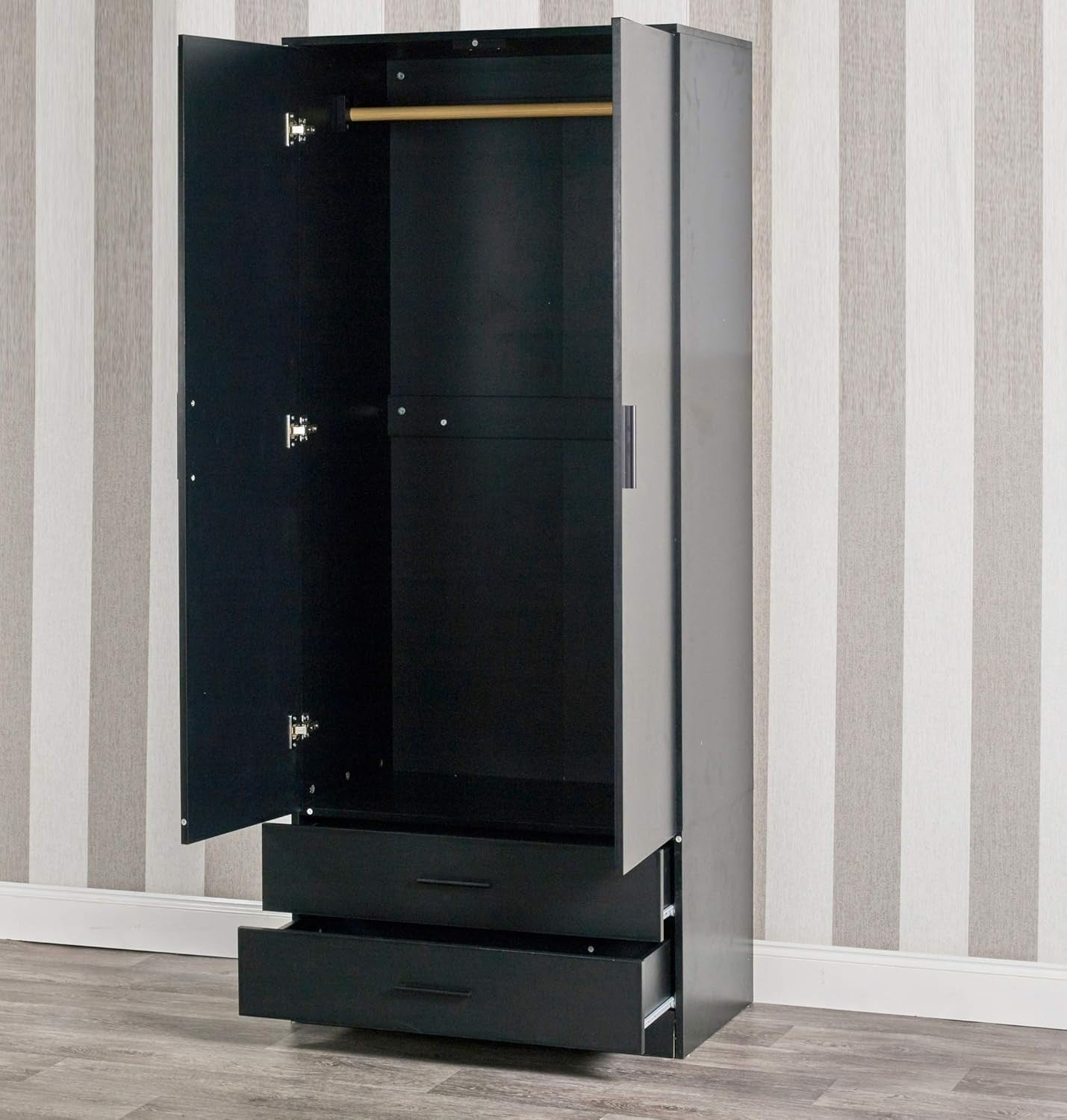 Black 2 Door Wardrobe with Drawers Hanging Rail Storage Bedroom Unit