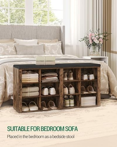 Rustic Brown Shoe Bench with 12 Compartments & Padded Seat Storage