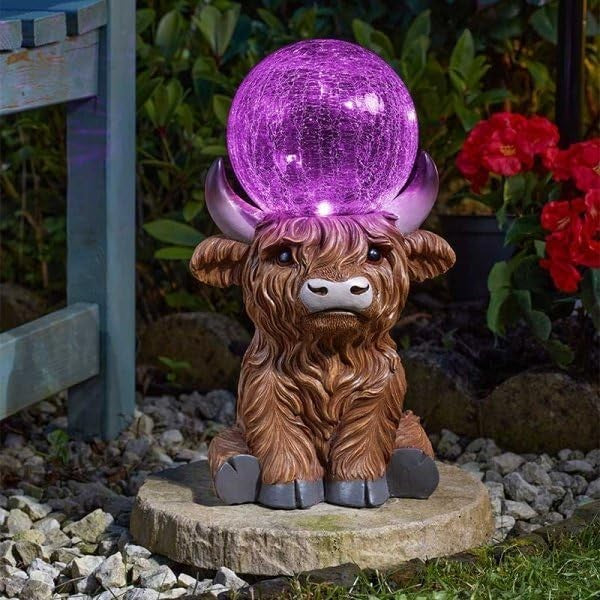 Solar Highland Cow Garden Ornament with LED Crackle Ball Resin Outdoor Statue