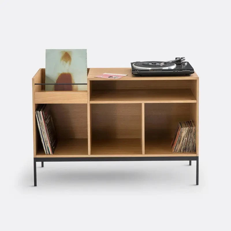 Oak Vinyl Record Storage Unit with Steel Legs – Modern Media Console