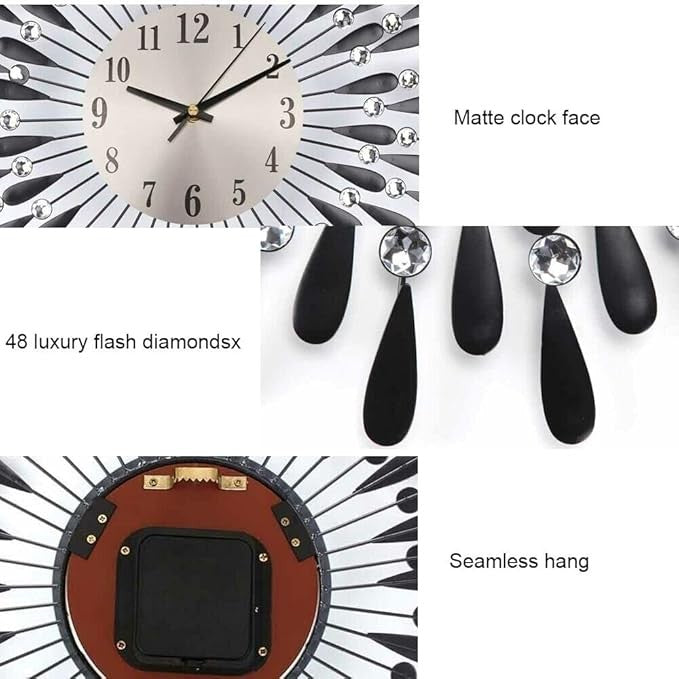 60cm Diamond Sunflower Wall Clock Black Silent Modern Large Metal Decor