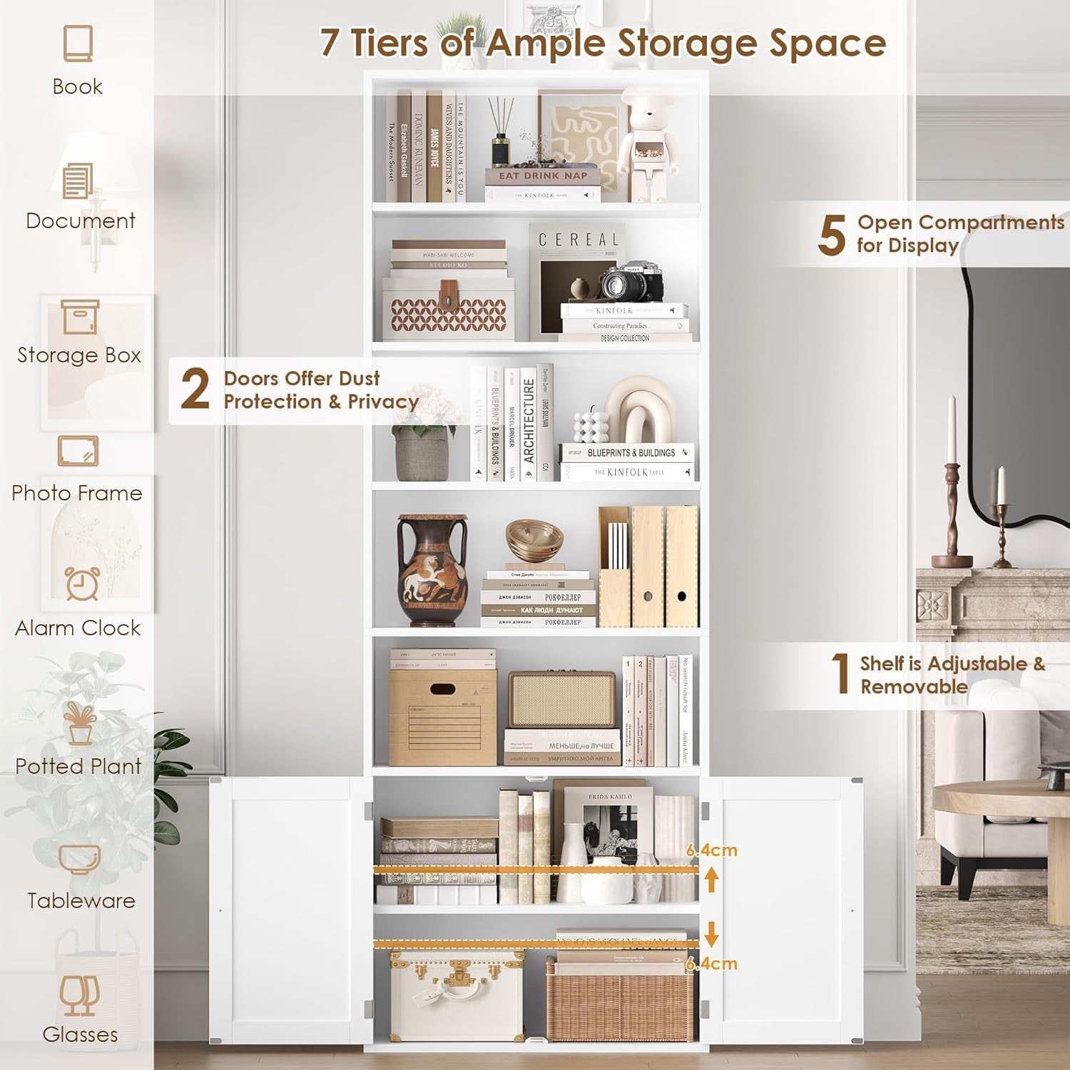 Tall White 7-Tier Bookcase with Doors Modern Storage Cabinet Adjustable Shelves