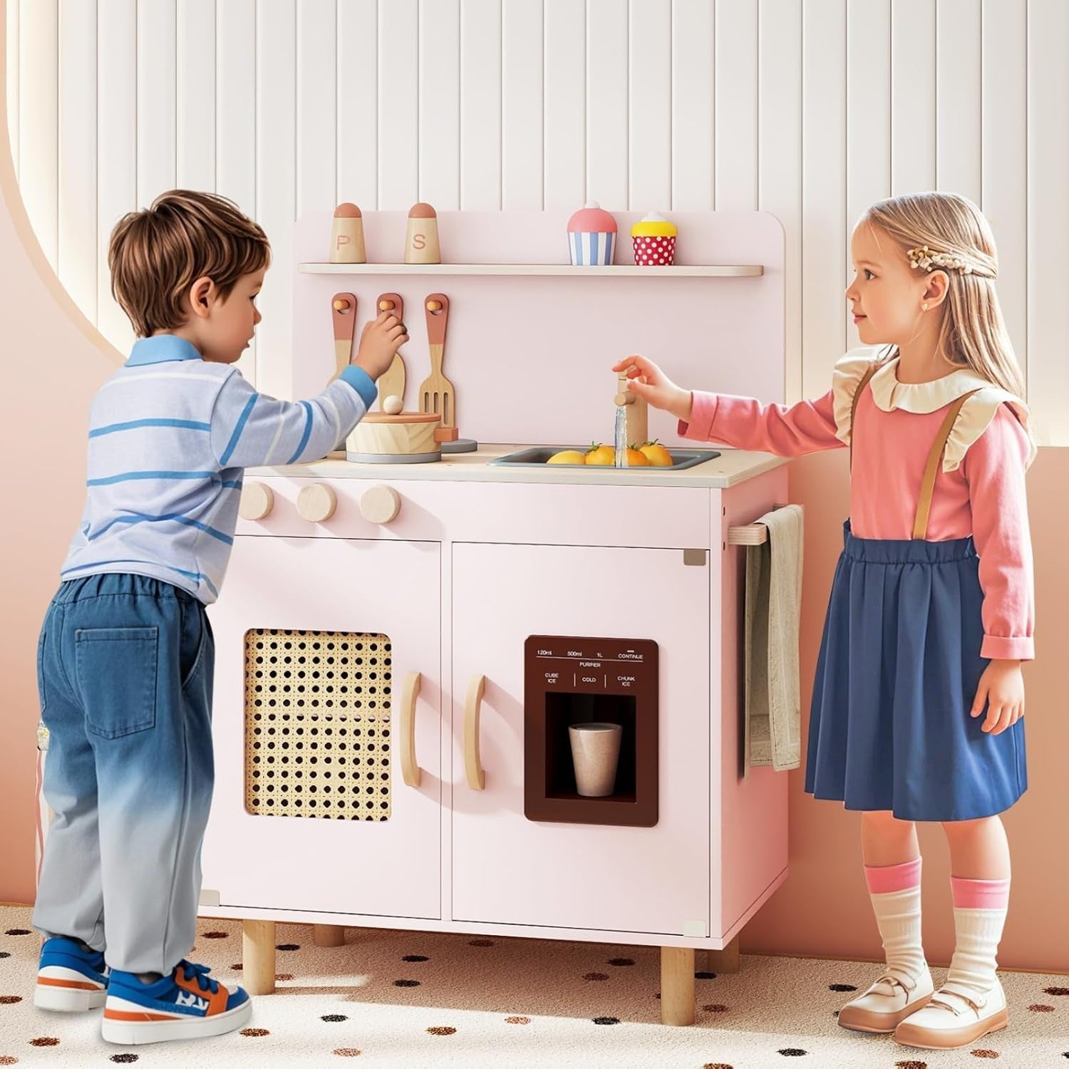 Wooden Kids Play Kitchen Pink w/ Ice Maker Sink Accessories Set