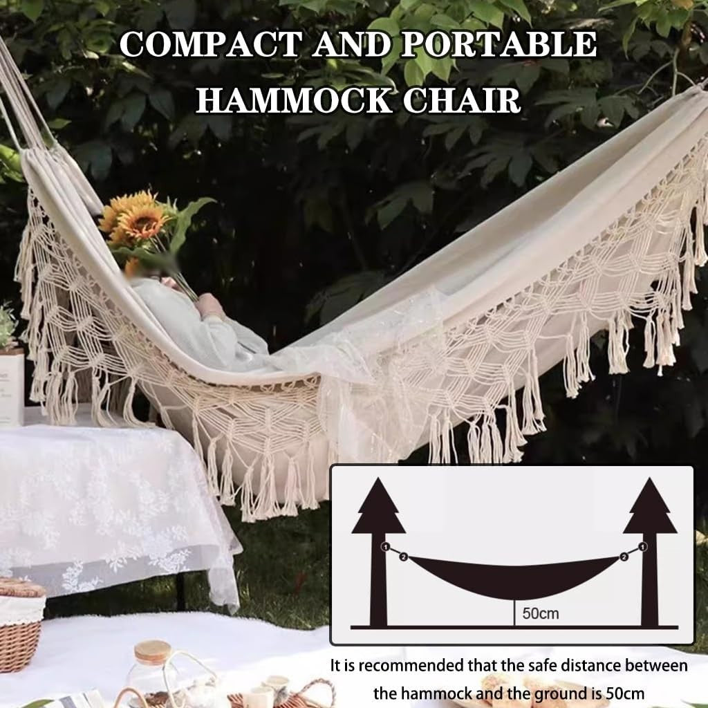 2-Person Double Canvas Hammock with Tassels, Anti-Rollover Wooden Poles