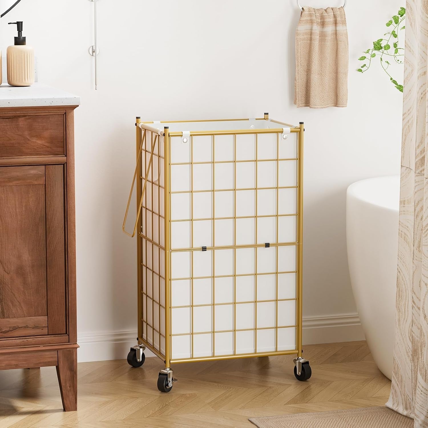 100L Rolling Laundry Hamper with Wheels Gold Metal Frame Removable Bag