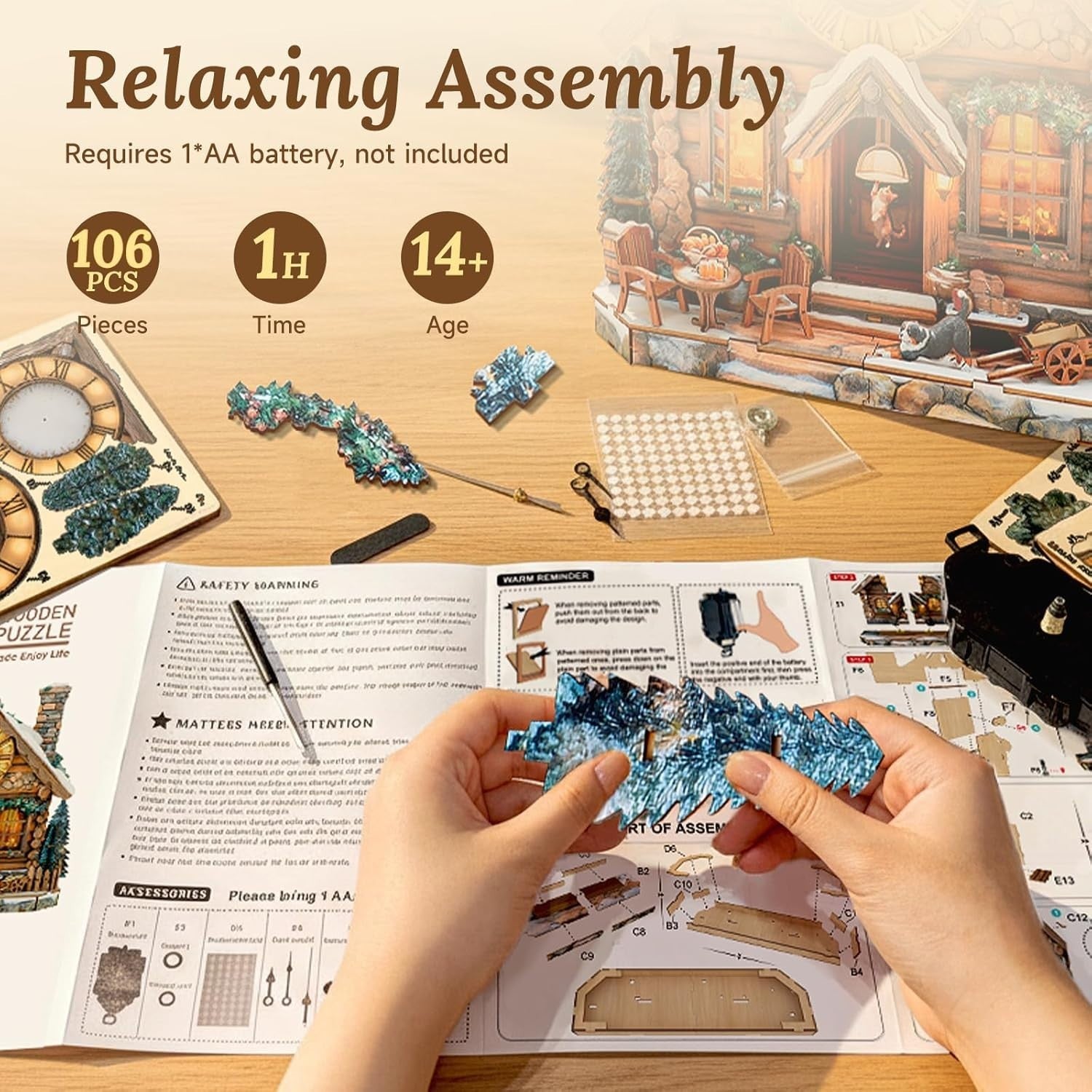 3D Wooden House Clock Puzzle DIY Functional Wall Clock Rustic Decor