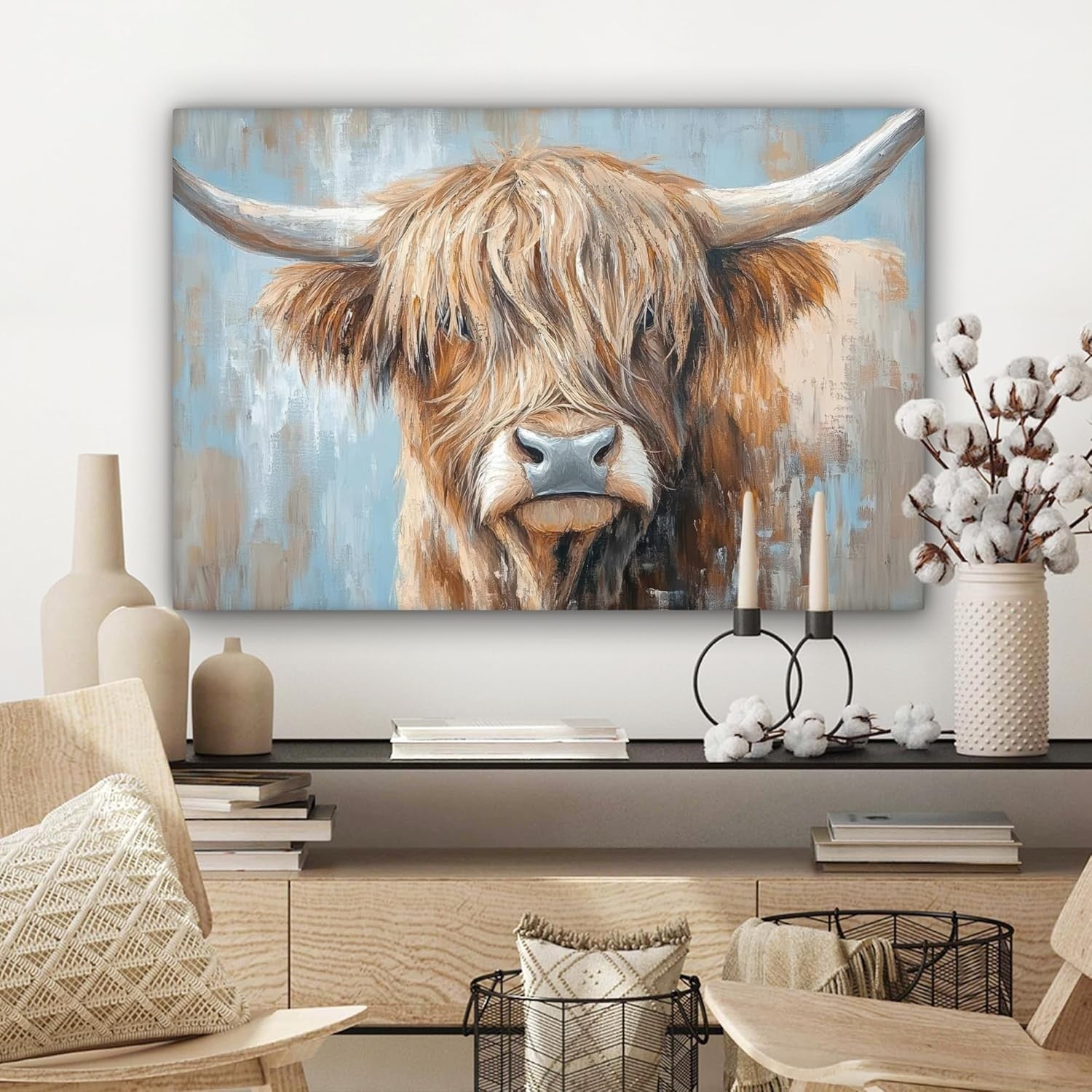 Highland Cow Canvas Wall Art 60x40cm Framed Rustic Farmhouse