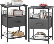 Set of 2 Modern Black Bedside Tables with Drawers & Shelves – 3-Tier Nightstands