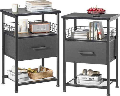 Set of 2 Modern Black Bedside Tables with Drawers & Shelves – 3-Tier Nightstands