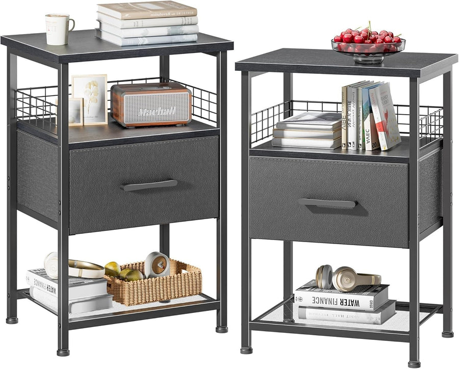 Set of 2 Modern Black Bedside Tables with Drawers & Shelves – 3-Tier Nightstands