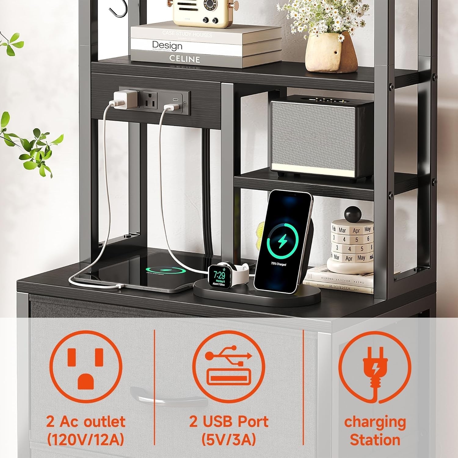 Tall Bedside Table with LED Lights Charging Ports Shelves Drawers Storage Unit
