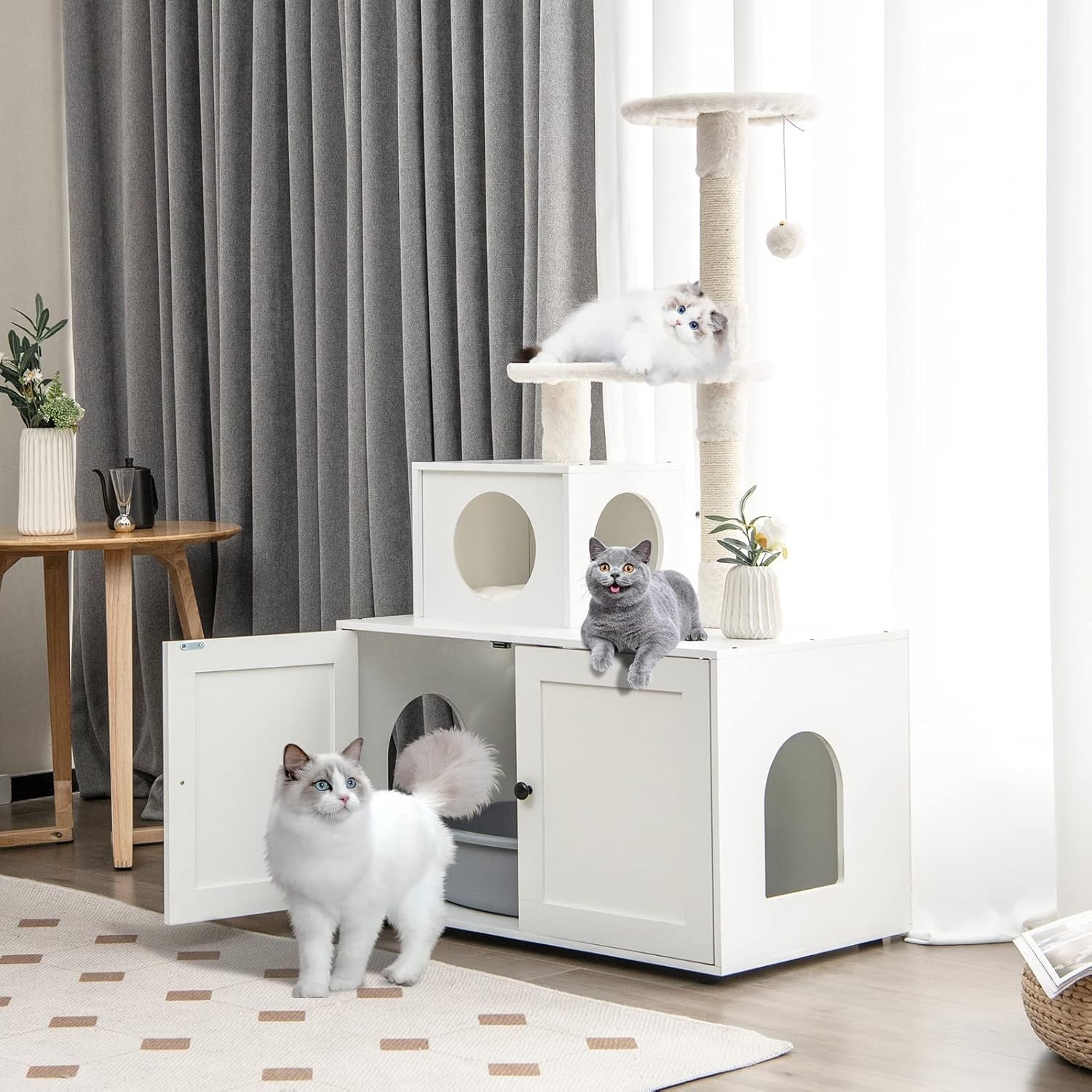 Hidden Cat Litter Box Furniture With Cat Tree Scratching Post Condo Indoor