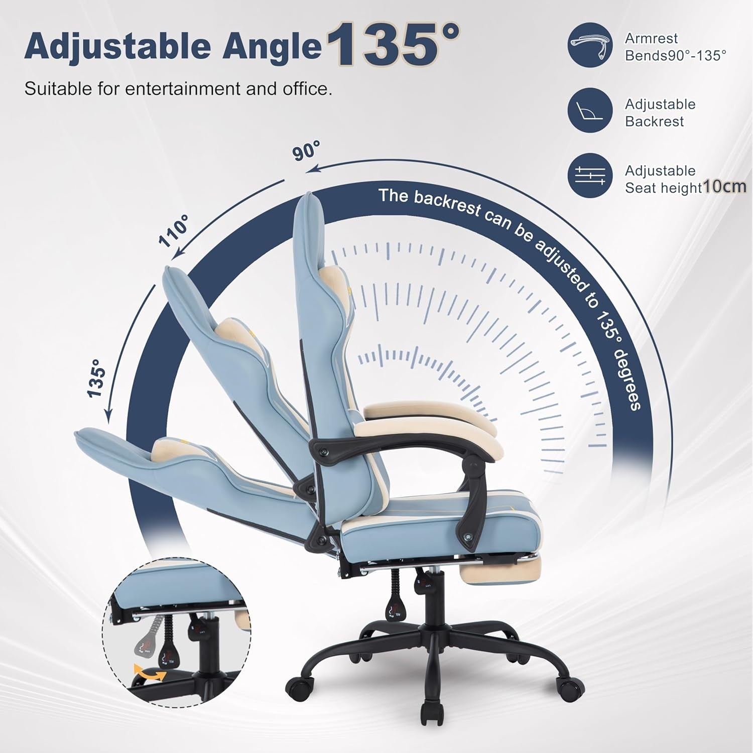 Ergonomic Gaming Chair Recliner w/ Footrest Lumbar PU Leather Blue