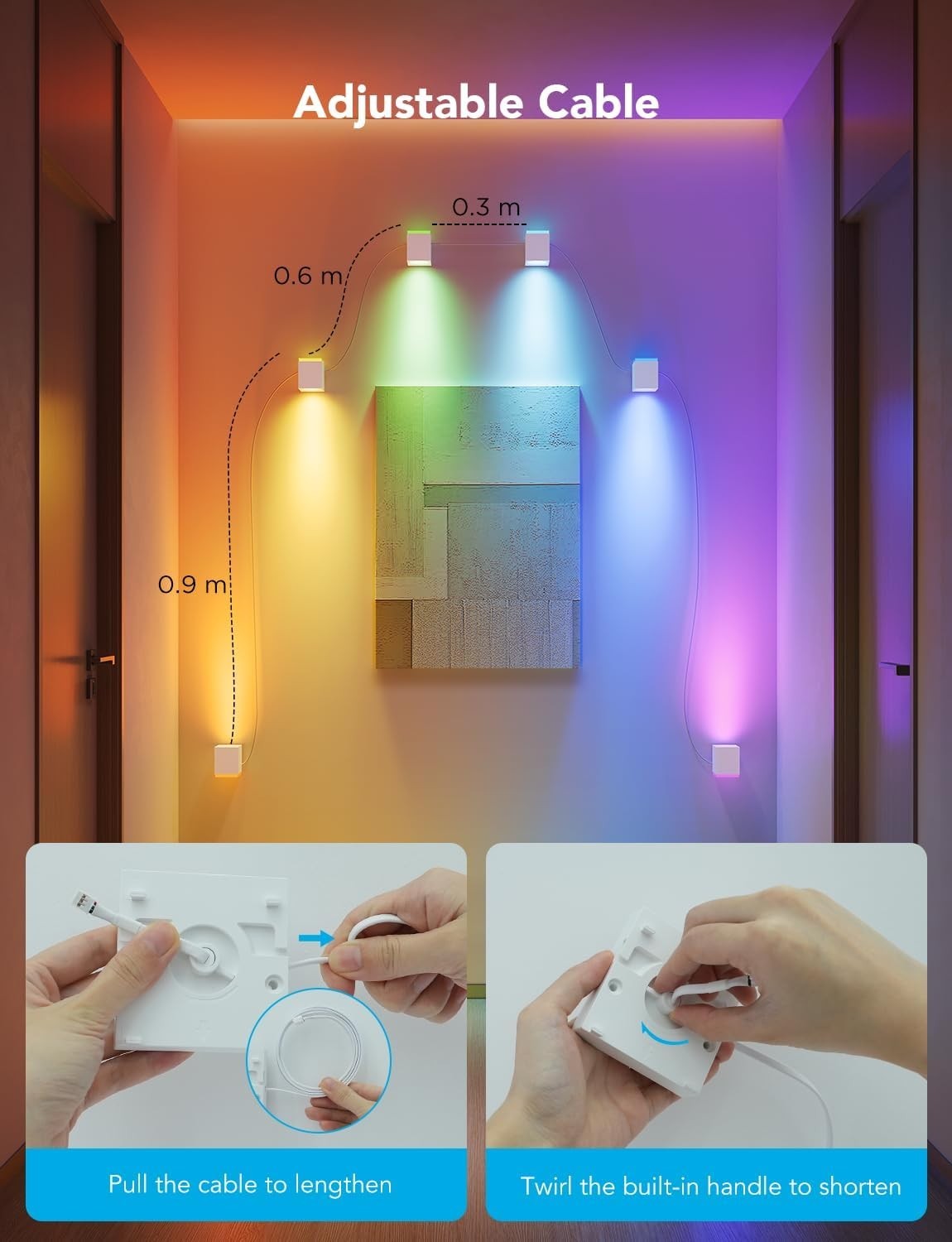 Color-Changing RGBIC LED Wall Light with Alexa, Adjustable Cables & Music Sync