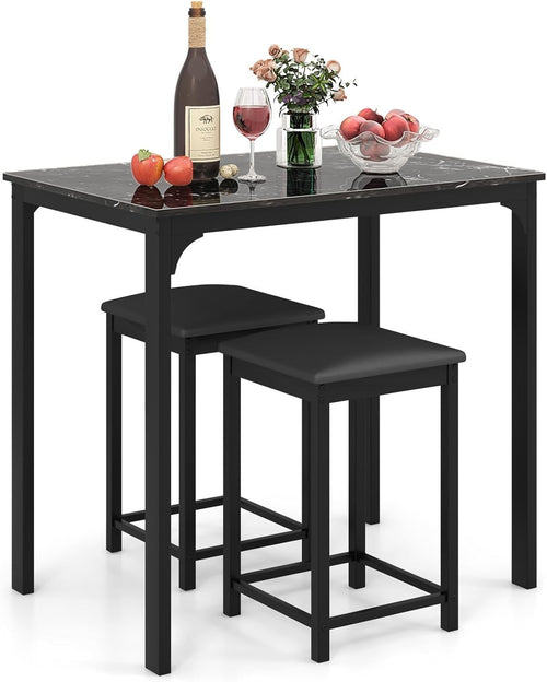 3 Piece Breakfast Bar Table Set with Stools Modern Small Space Dining Black