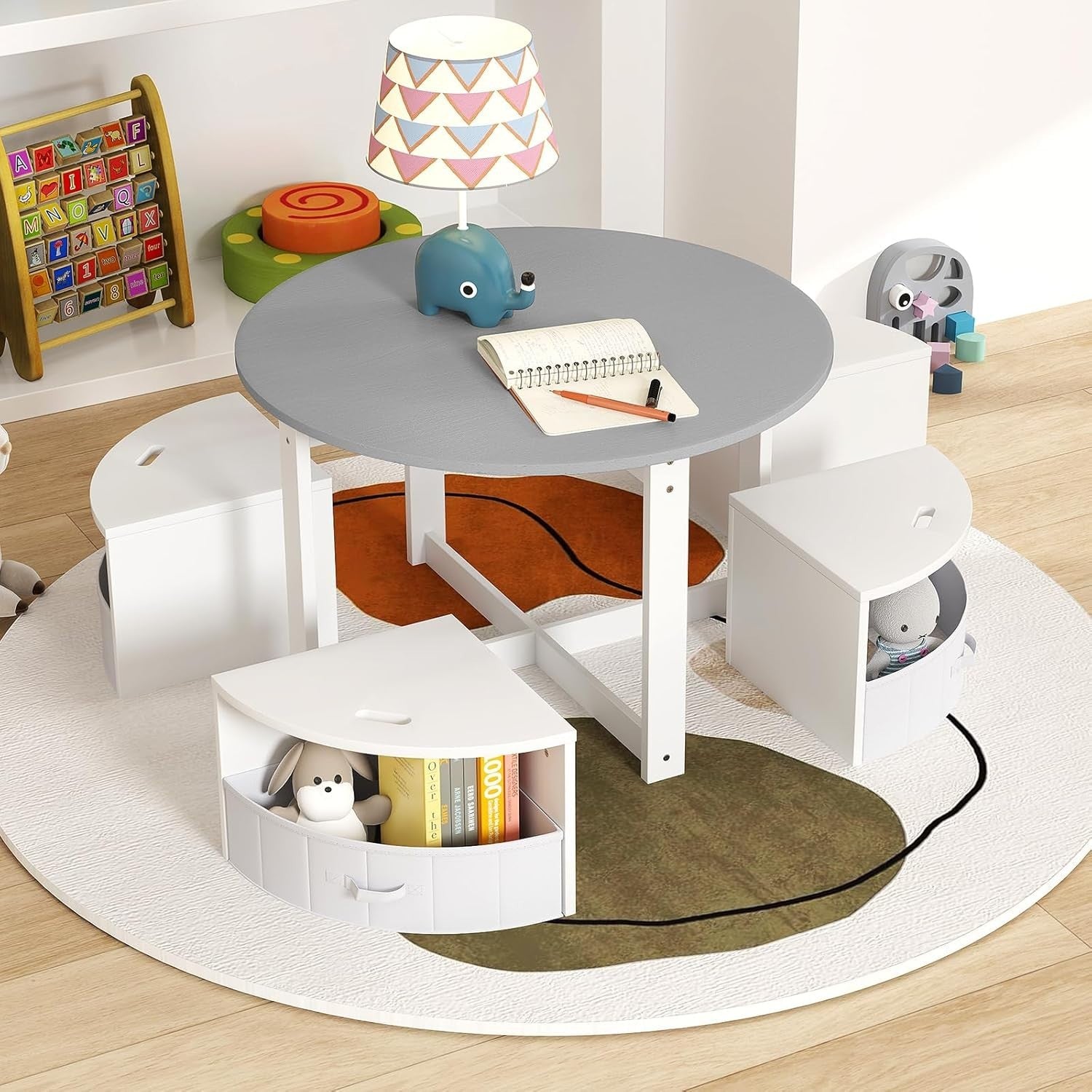 Kids Round Table & 4 Storage Stools Set with Fabric Bins for Play & Learn