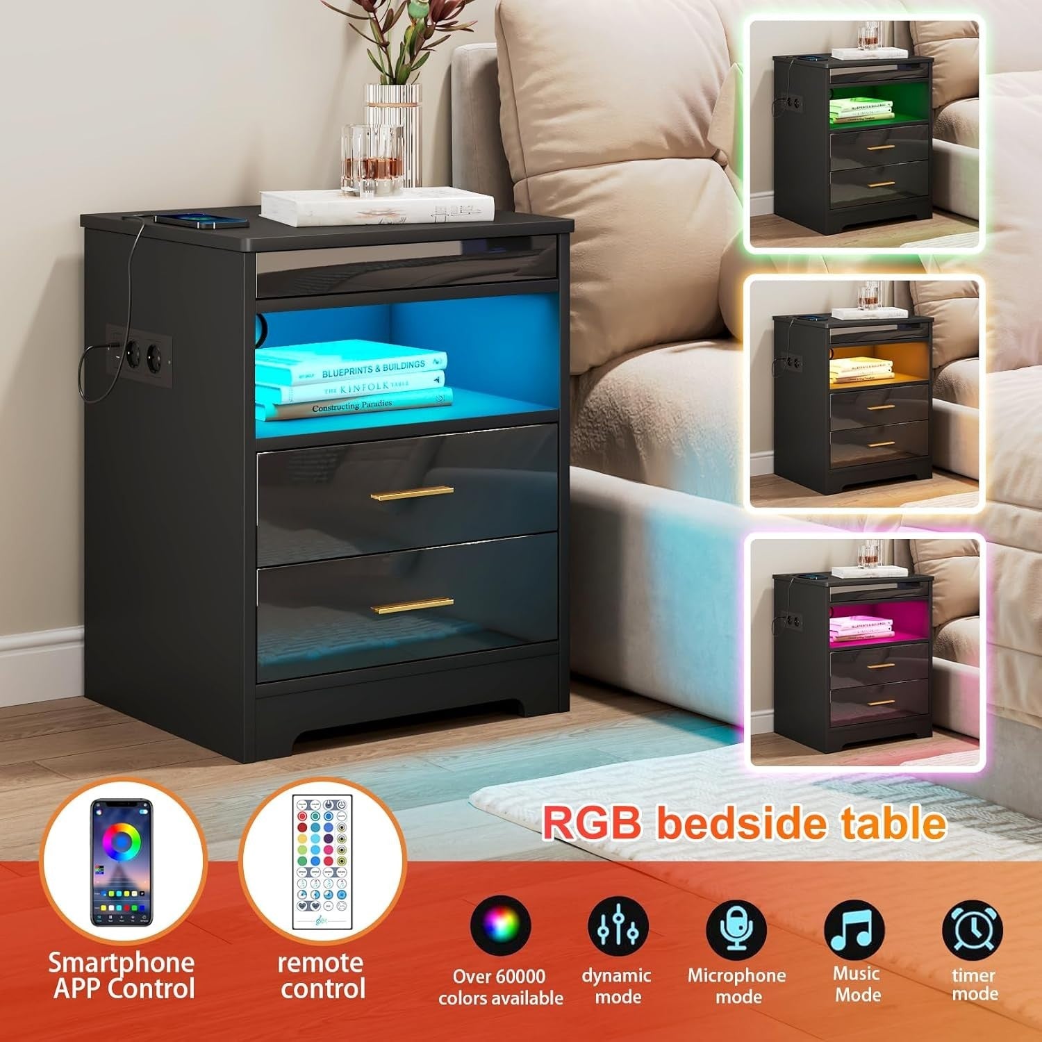 Black LED Bedside Table with USB Charging Ports, Lockable Drawers & RGB Lights