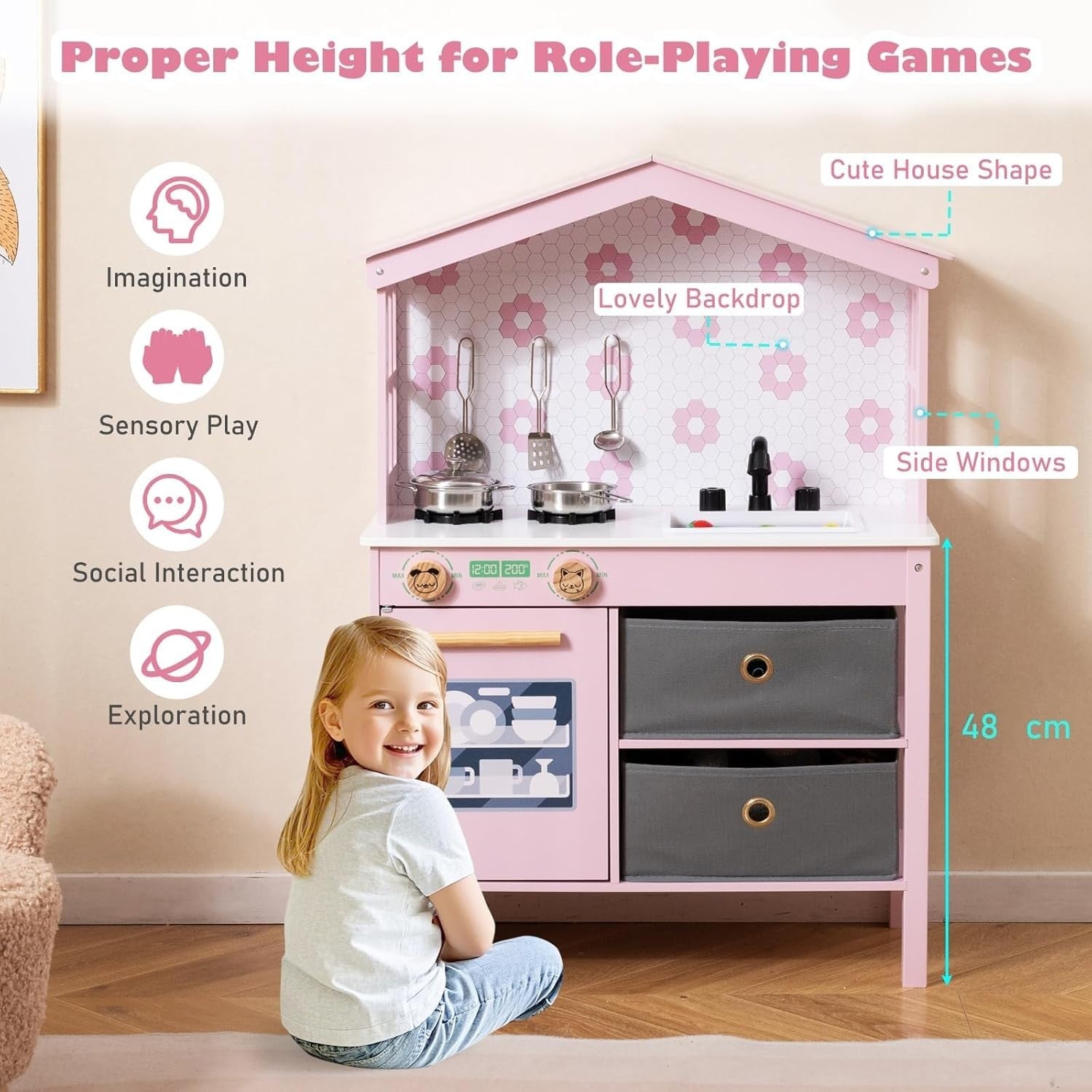 Wooden Kids Play Kitchen Pink w/ Dishwasher Sink Pots Role Play