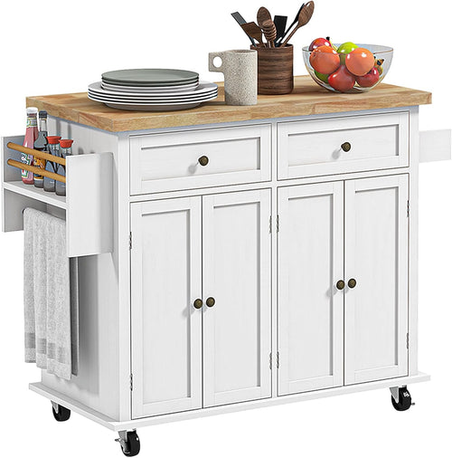 Kitchen Island Trolley on Wheels Storage Cabinet Drawers Shelves Wooden Top