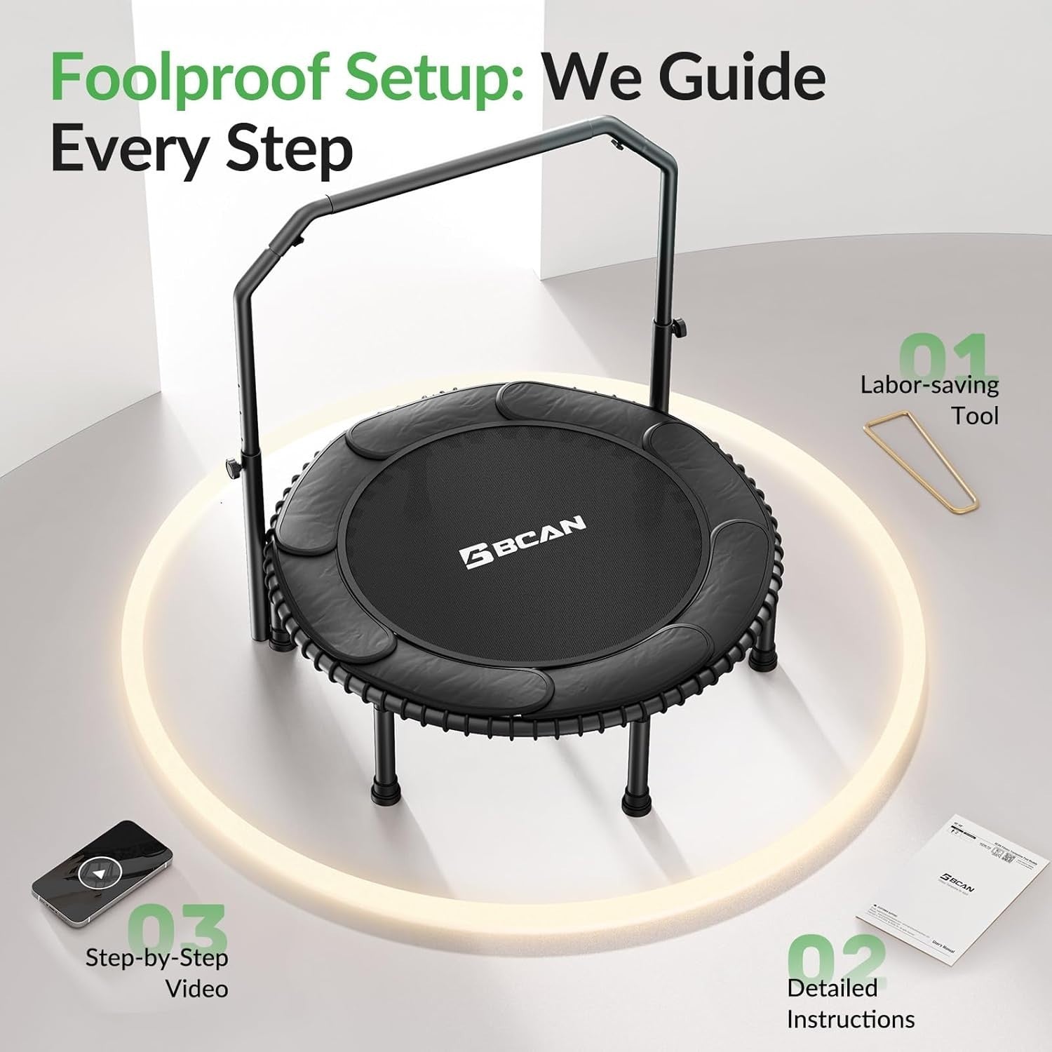 40in Fitness Rebounder Trampoline Adjustable Handle 450lb Silent Bungee
