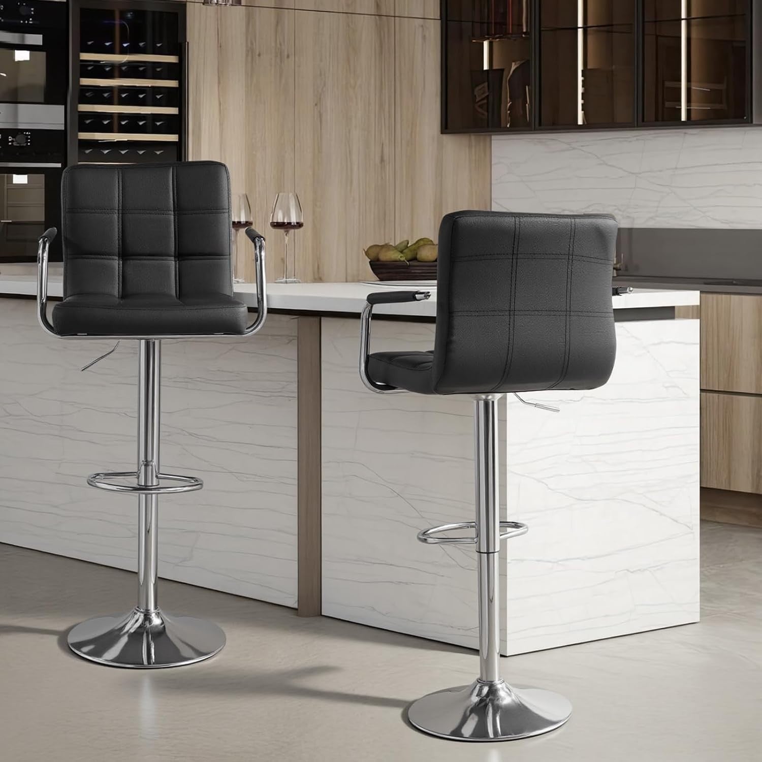 Black PU Leather Bar Stool Adjustable Height 360° Swivel with Armrest