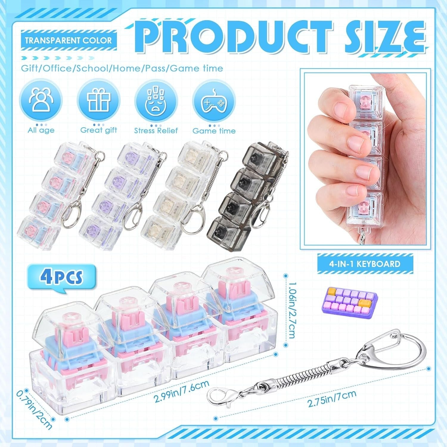 4pcs LED Keyboard Clicker Fidget Toy Stress Relief Keychain Set