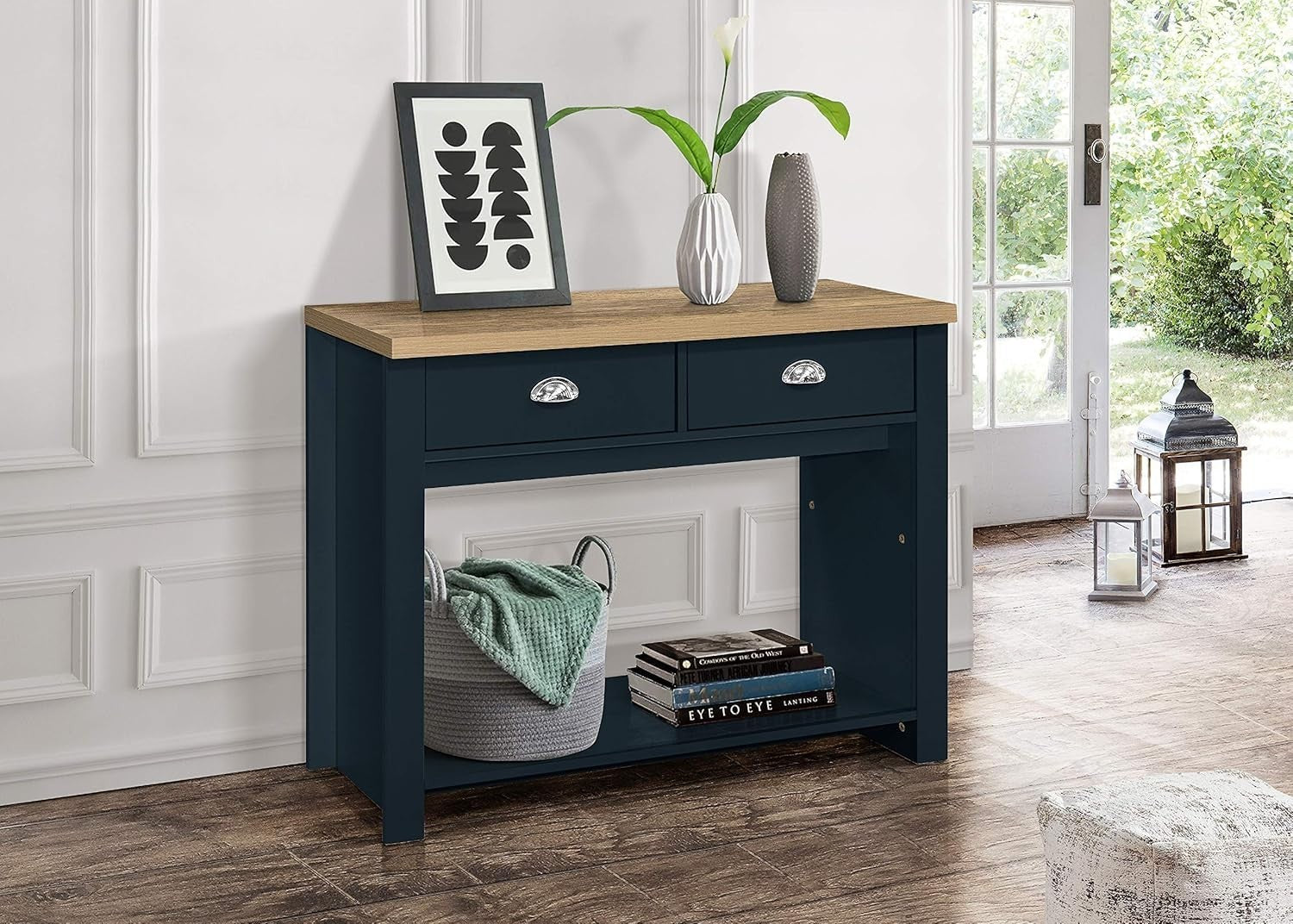 Navy Blue 2 Drawer Console Table Oak Top - Farmhouse Storage Shelf