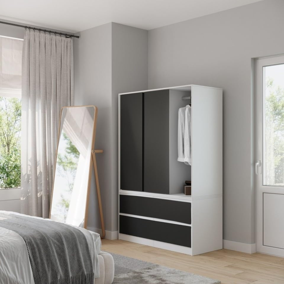 Black Sliding Door Wardrobe with 4 Drawers Hanging Rail Storage Unit
