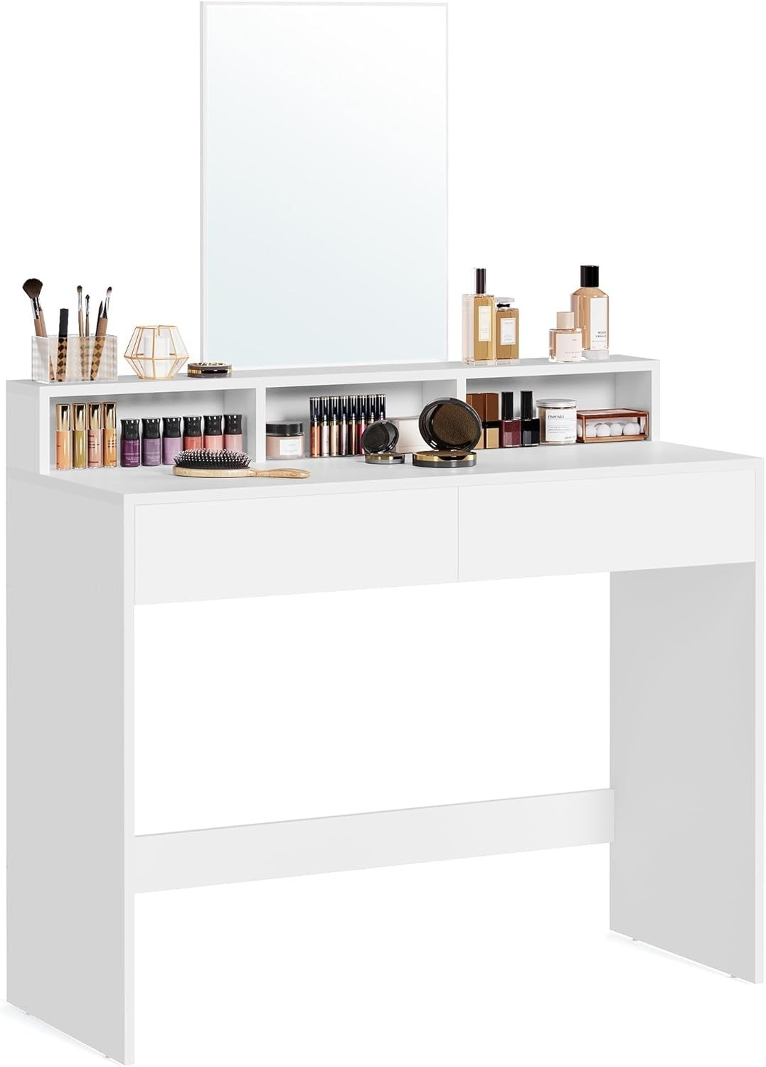 Modern Makeup Vanity Dressing Table Desk Storage Drawers Mirror White Wood