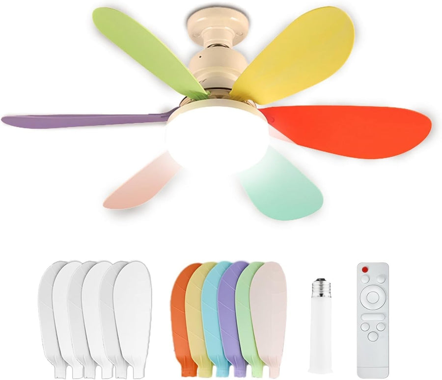 Socket Ceiling Fan with Light, Remote, E27 Base, Rainbow & White Blades, LED