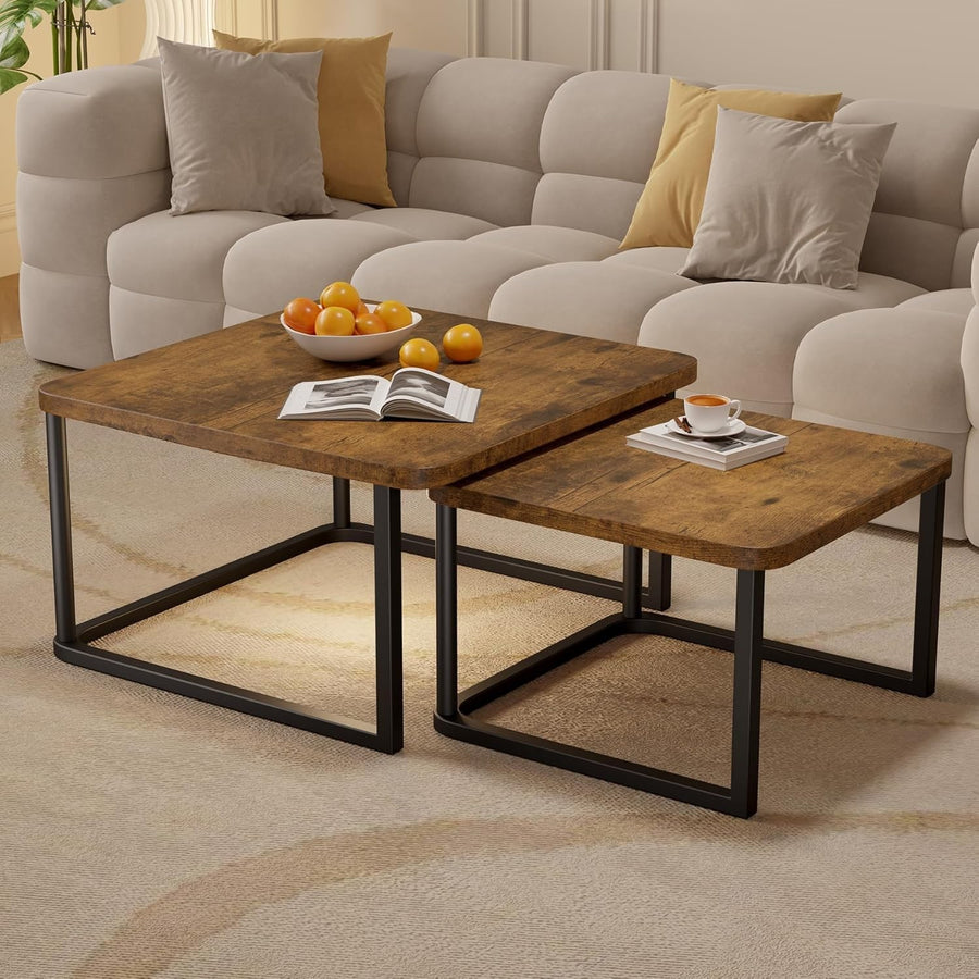 Square Nesting Coffee Tables Set of 2, Wood Grain Tops & Metal Frame.