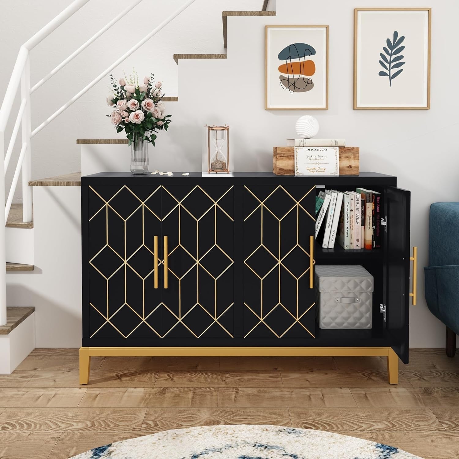 Black Sideboard Cabinet 4 Door Gold Trim Storage Unit for Hallway Room