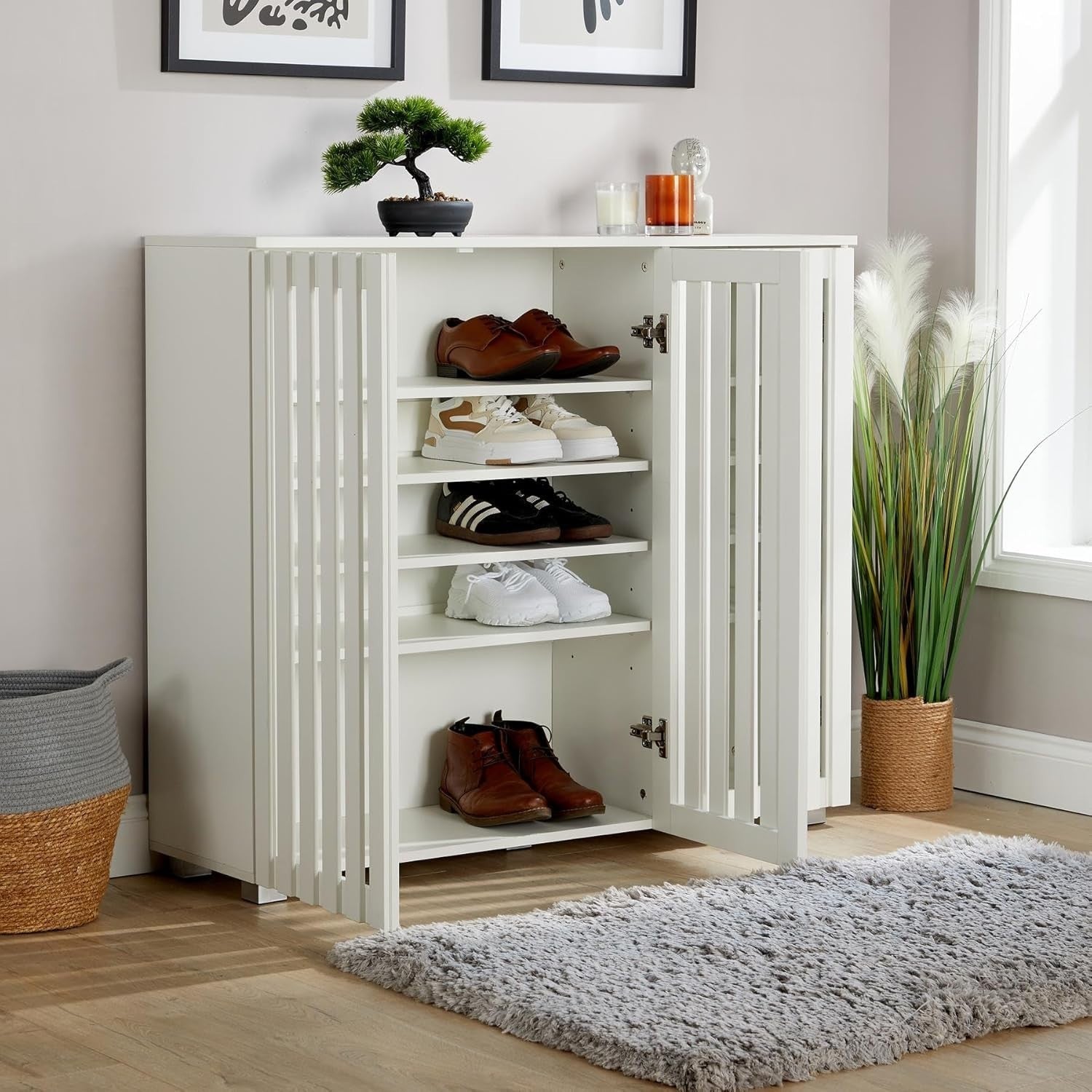Spacious 3 Door White Shoe Storage Cabinet with 8 Shelves | Modern Design