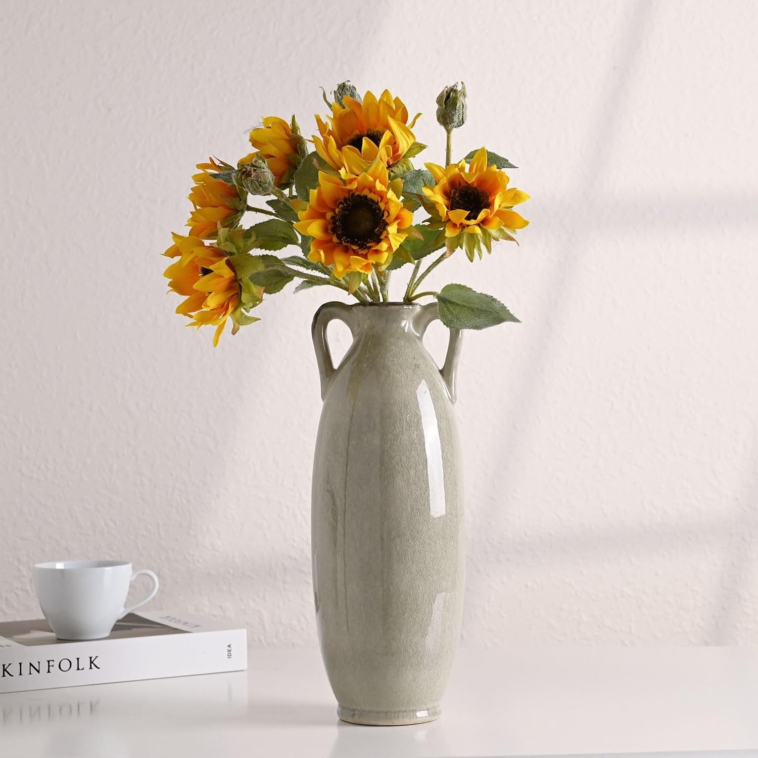 Tall Green Ceramic Floor Vase for Pampas Grass Modern Home Decor 14in