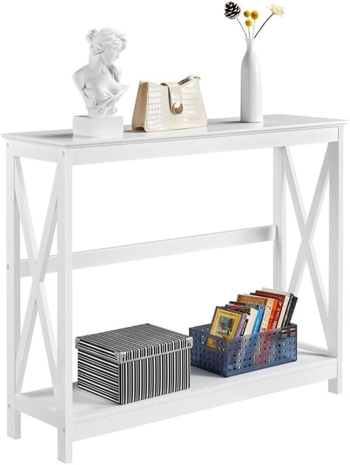 White 2-Tier Console Table with X-Design, Storage Shelf for Hallway & Living Roo