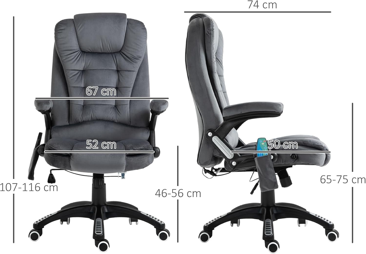 Heated Massage Office Chair 6 Point High Back Velvet Grey