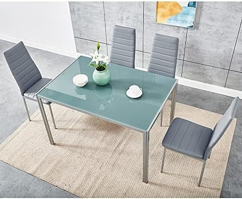 Rectangular Glass Dining Table Set 4 Chairs Modern Grey Faux Leather