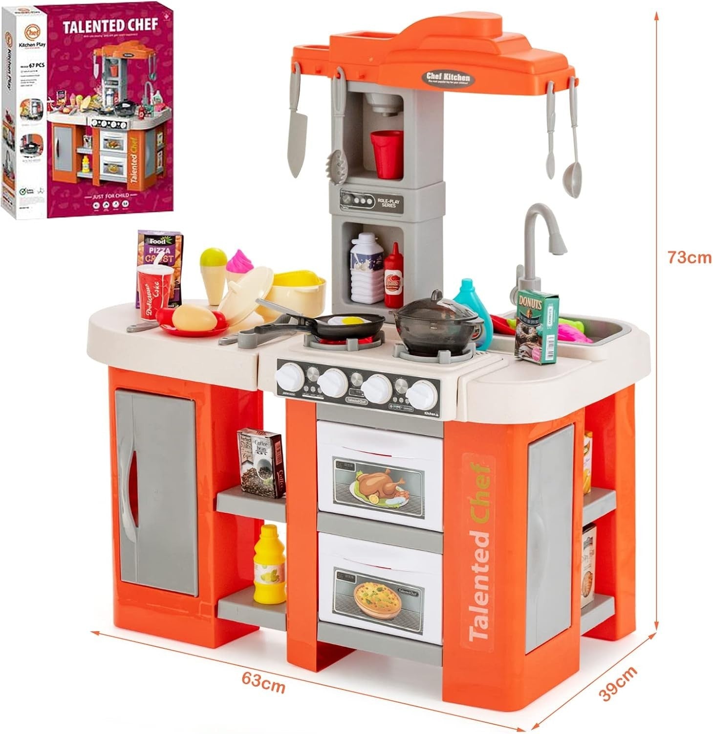 Kids Play Kitchen Orange w/ Lights Sounds Running Water Steam Set