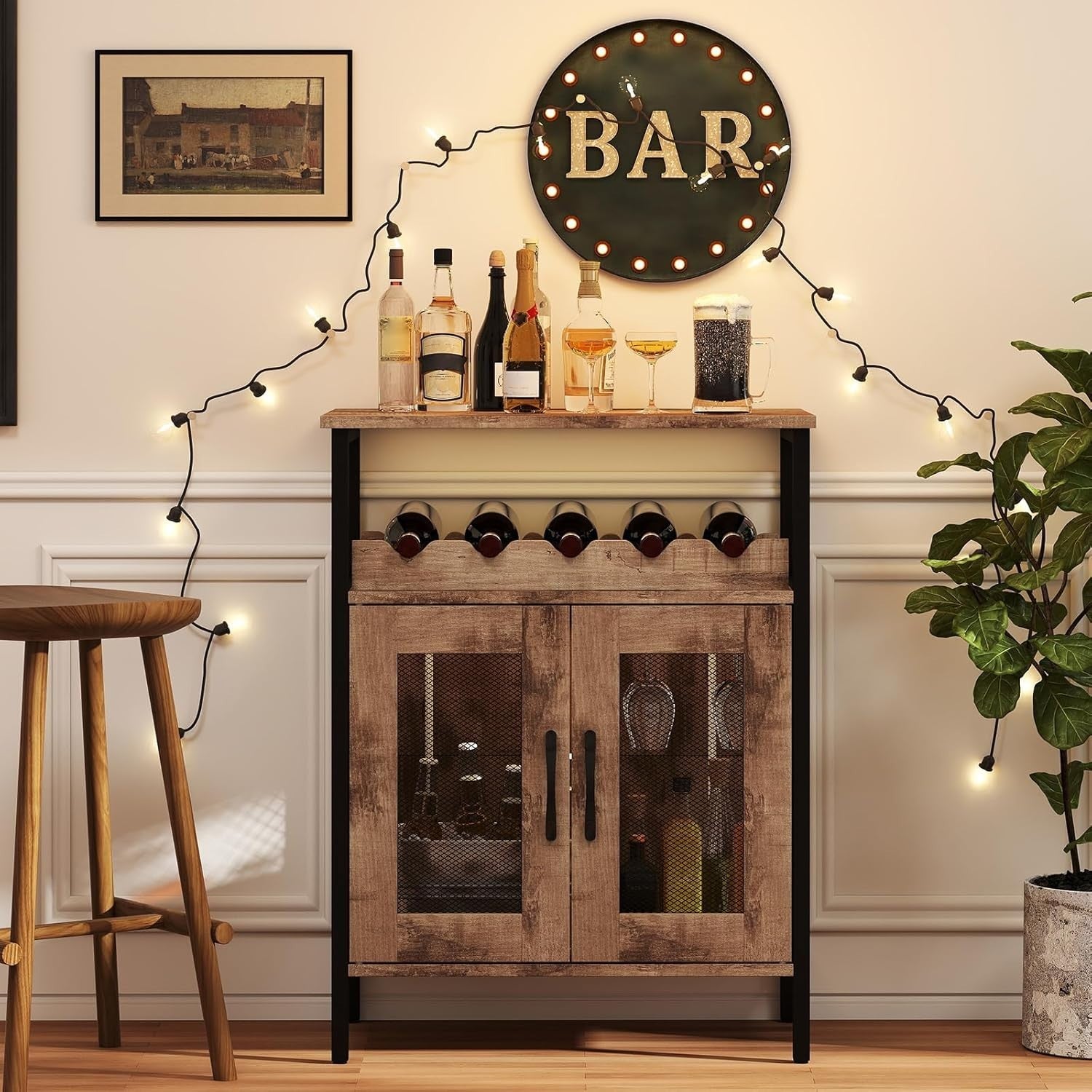 Grey Wash Wine Bar Cabinet with Glass Holder & Bottle Rack Freestanding
