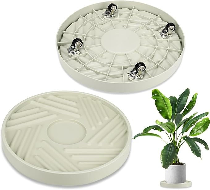 2 Pack 14 Inch Round Plant Caddy with Wheels Rolling Tray Stand Beige Indoor