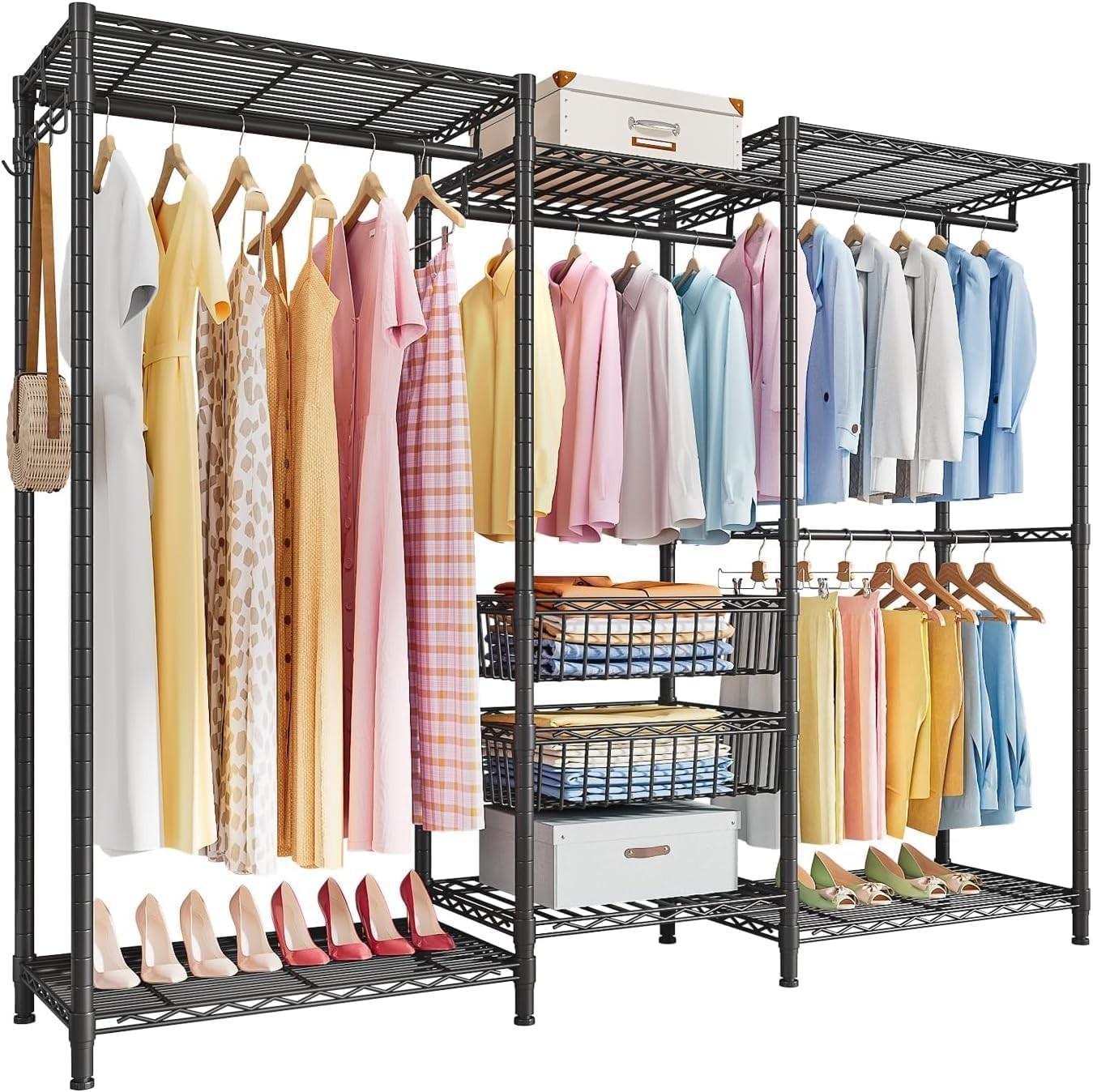 Heavy Duty Clothes Rail with Shelves & Baskets Black 320kg
