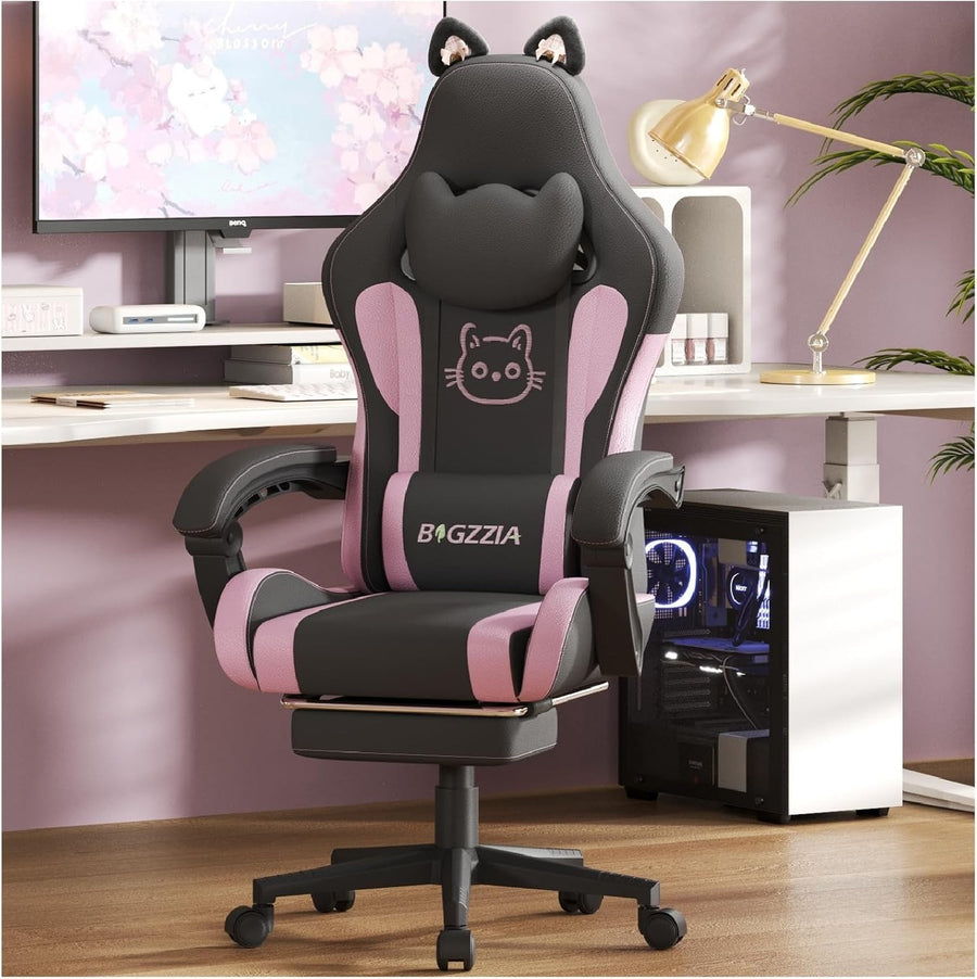Black Pink Cat Ear Gaming Chair Massage Lumbar Recliner