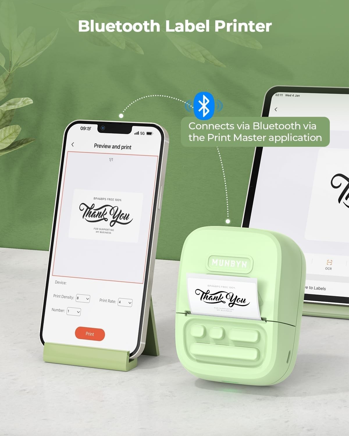 Green 2" Bluetooth Thermal Label Printer Portable for Home & Office