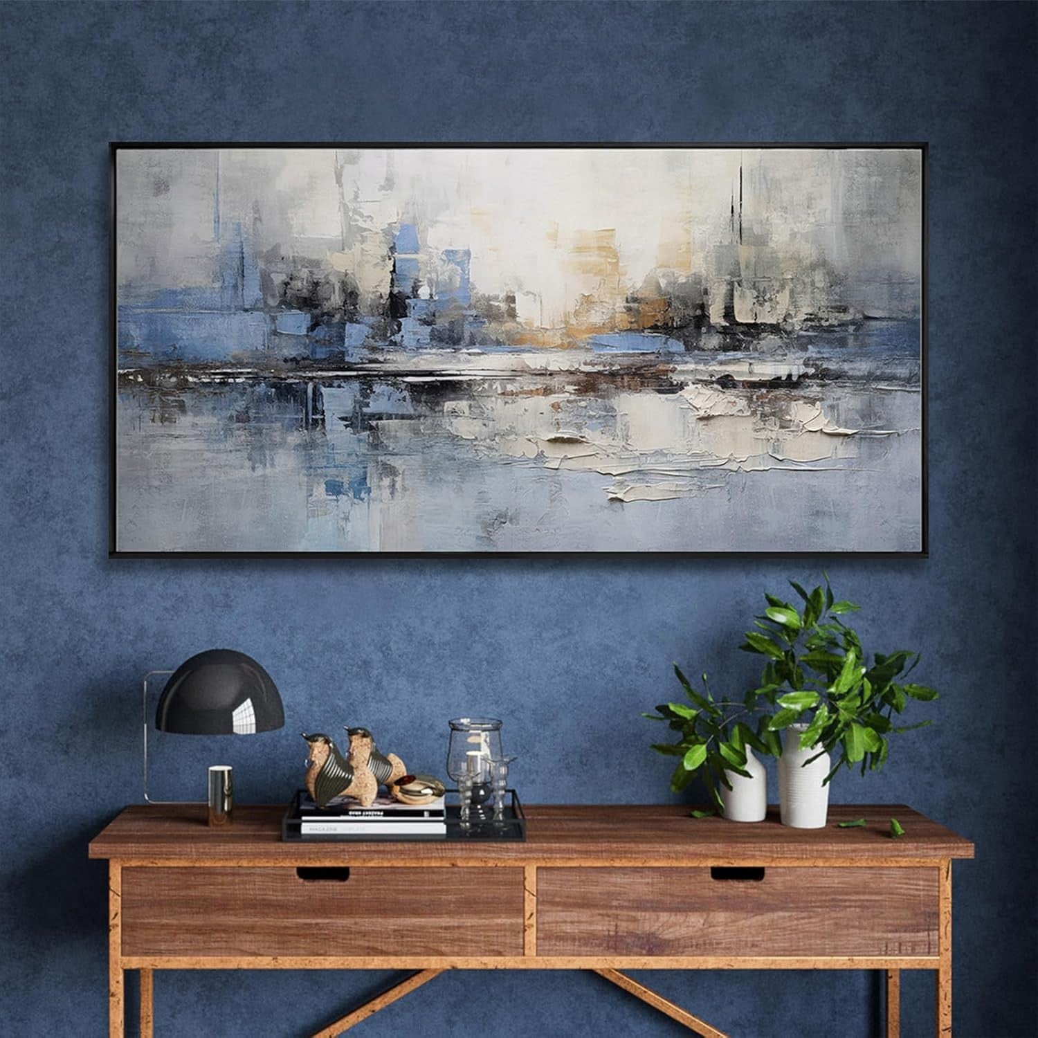 Blue Gray Abstract Canvas Wall Art Framed 20x40 in Modern Decor