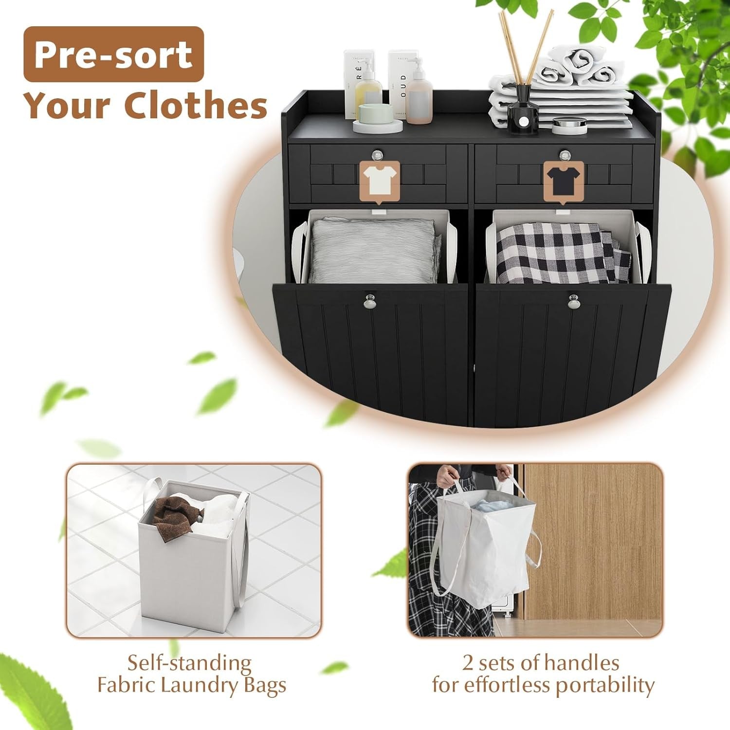 Black Tilt-Out Laundry Cabinet 2 Drawers 2 Hampers Modern Bathroom Storage Unit