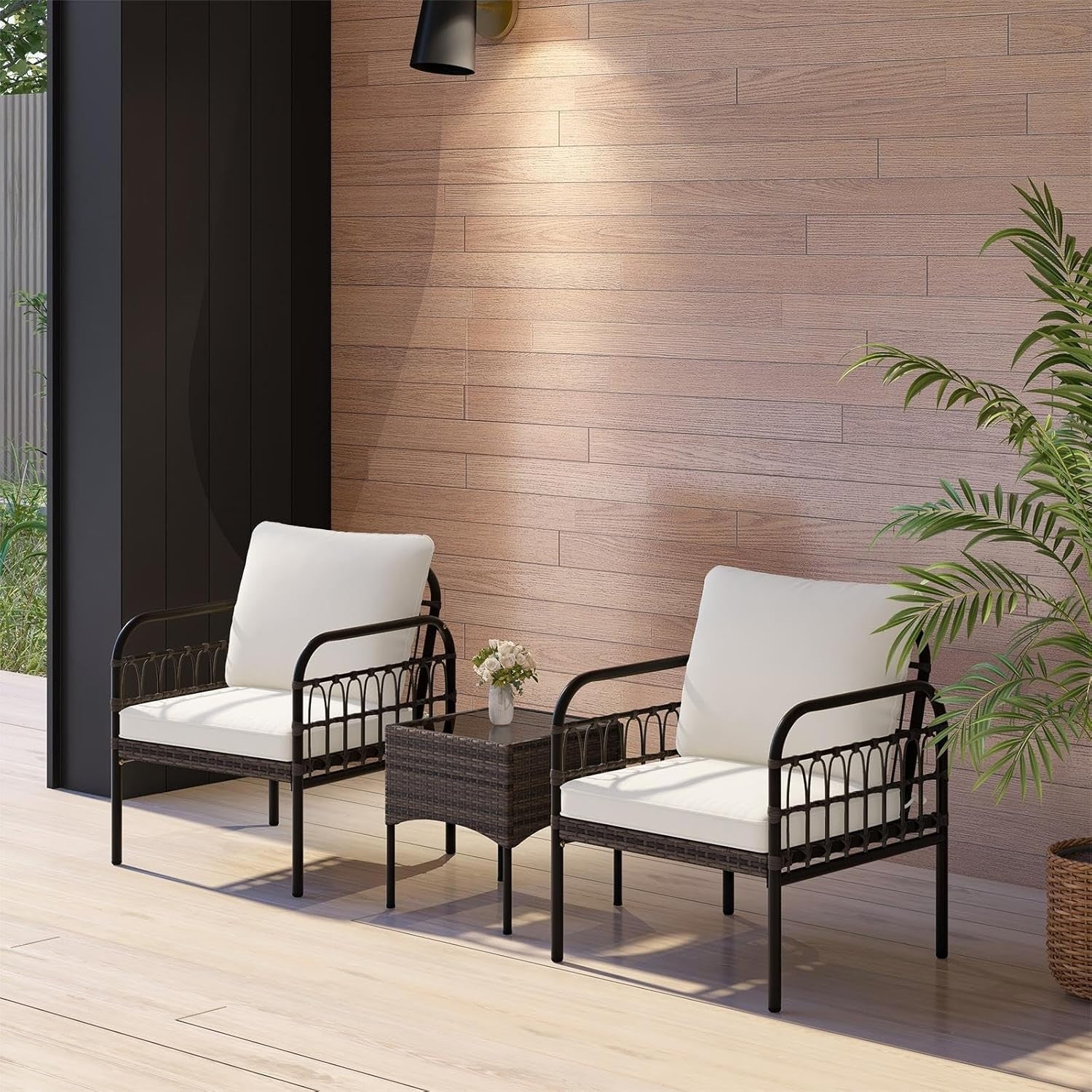3pc Outdoor Rattan Bistro Set Cushioned Chairs Glass Table Patio Balcony