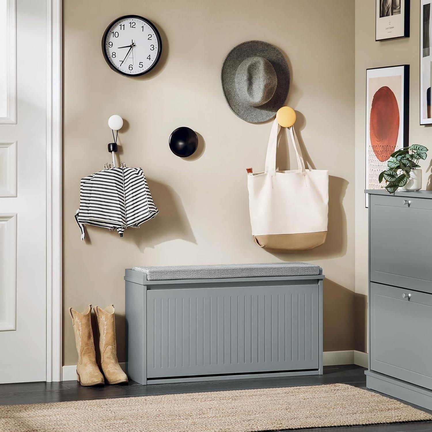Grey Shoe Storage Bench with Cushion – Flip Drawer Seat, Space Saving 80cm