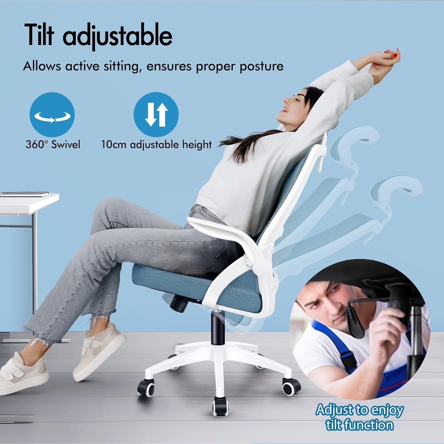 Ergonomic Mesh Office Chair Computer Desk Swivel Home Work Flip-Up Arms Blue